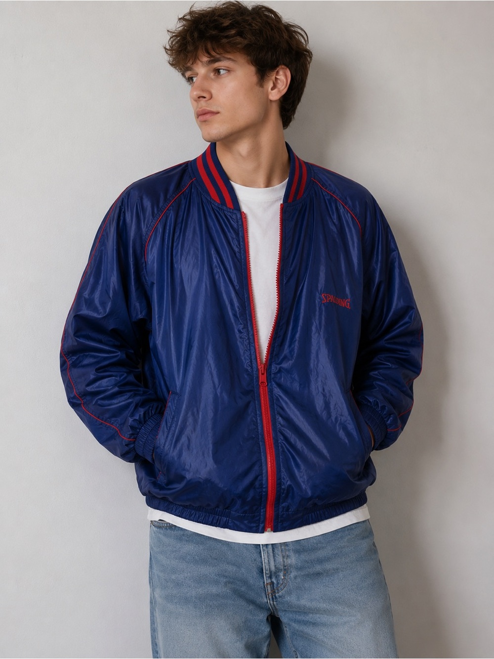 Spalding Vintage 90’s Blue & Red Nylon Windbreaker Bomber Jacket Size Large